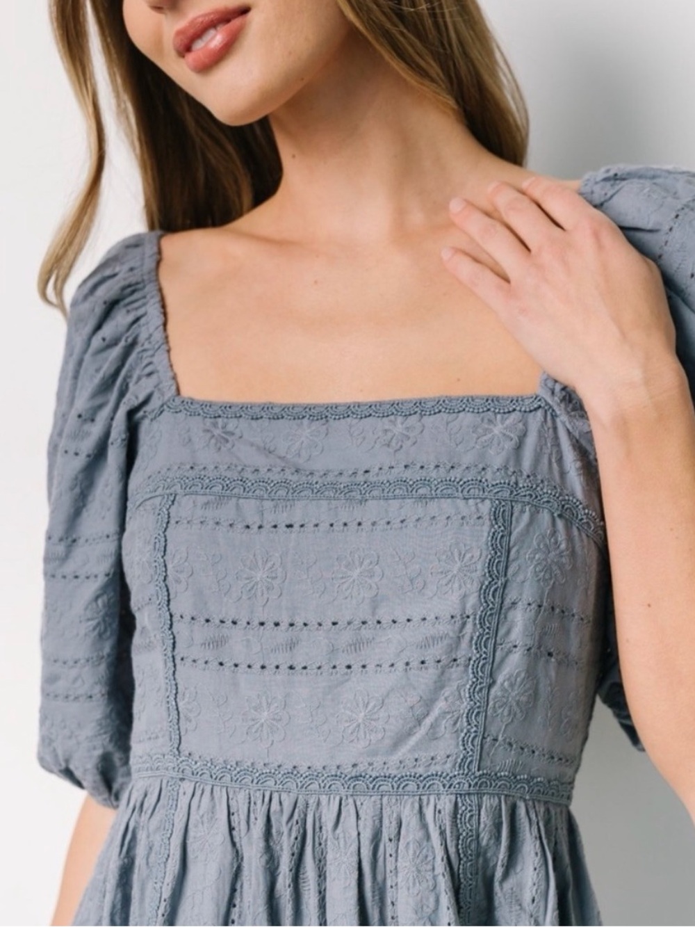 Baltic Born Dusty Blue Eyelet Cotton Midi Dress with Puff Sleeves